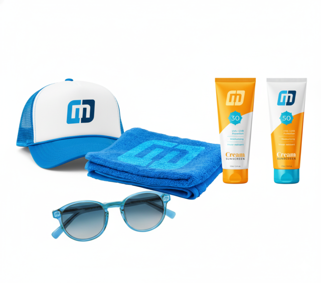 Multicase sommerpakke Briller, caps, solkrem og håndkle 